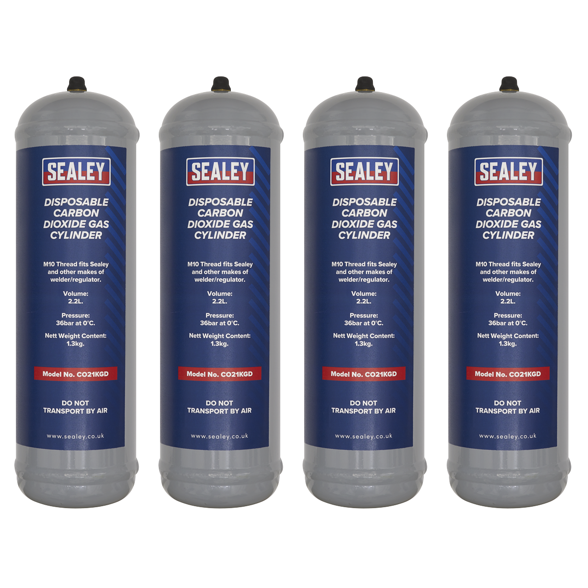 Sealey 1.3kg Disposable Carbon Dioxide Gas Cylinder Universal 4 Pieces CO21KGD4