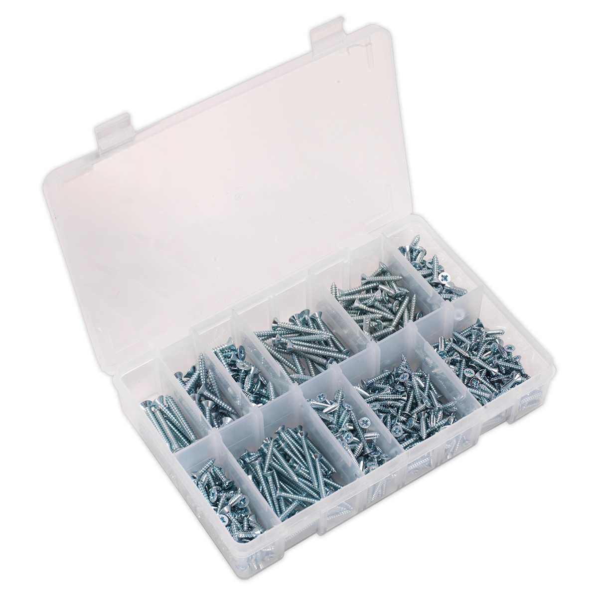 Sealey Self Tapping Screw Assorted 600 Pieces Countersunk Pozi Zinc DIN 7982