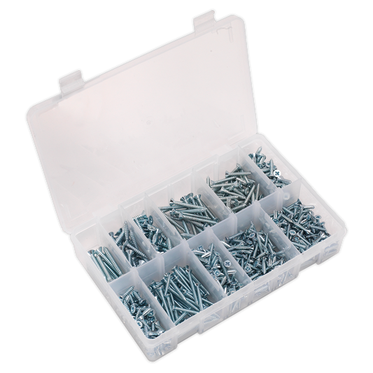 Sealey Self Tapping Screw Assorted 600 Pieces Countersunk Pozi Zinc DIN 7982