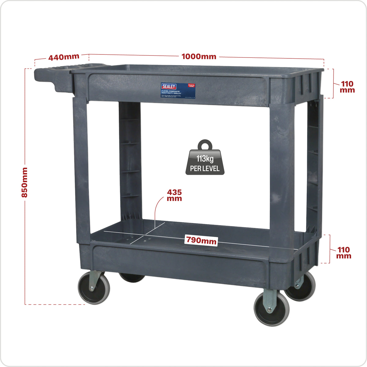 Sealey 2-Level Composite Heavy Duty Trolley With Four Large Rubber Wheels CX202