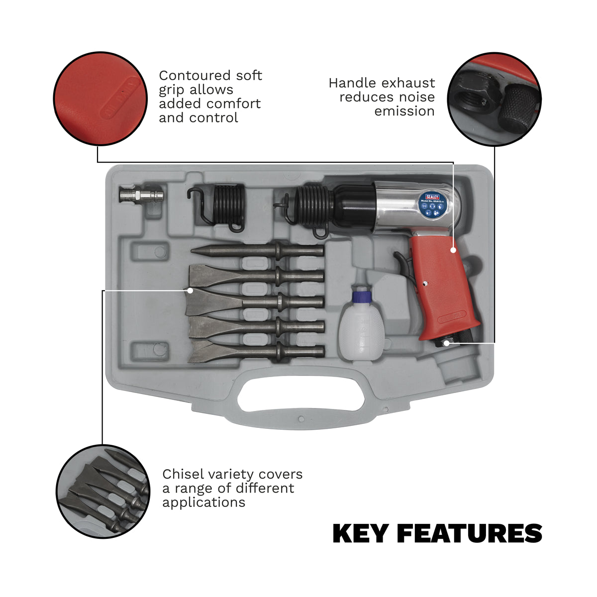 Sealey Air Hammer Kit Medium Stroke With Handle Exhaust and Soft Grip GSA12