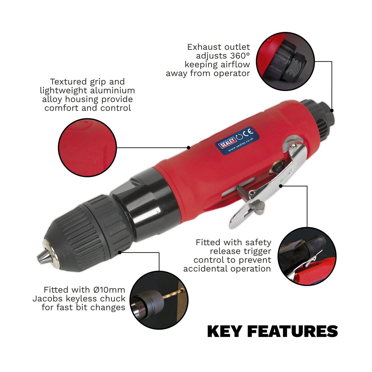 Sealey Straight Air Drill With Keyless Chuck Ø10mm 2500rpm - Red/Black GSA232