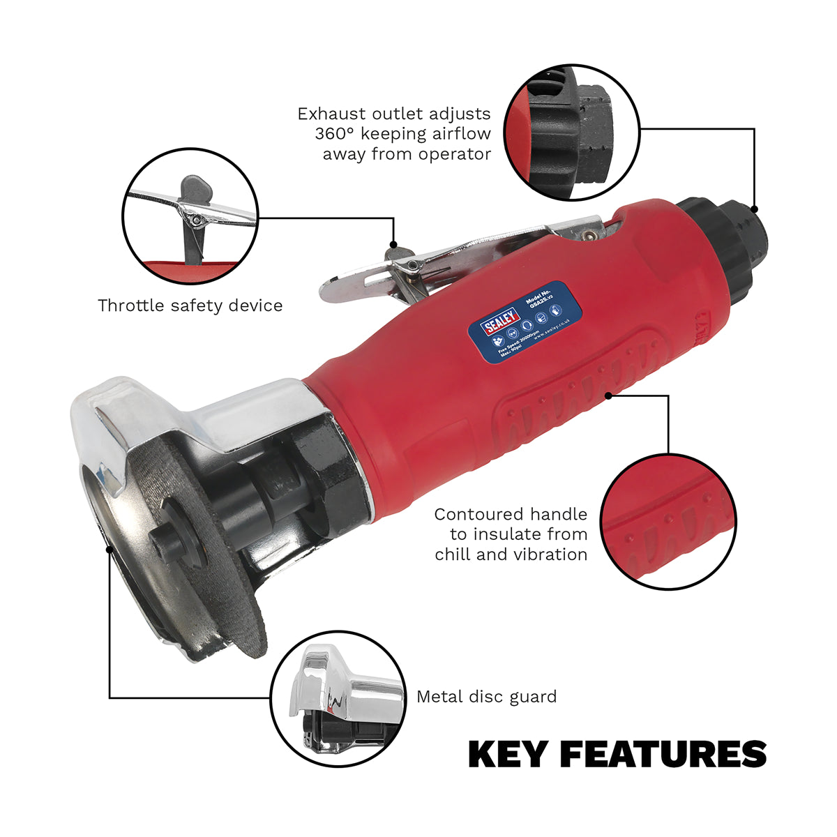 Sealey Ø75mm Air Cut-Off Tool With Contoured Handle & Metal Disc Guard GSA25