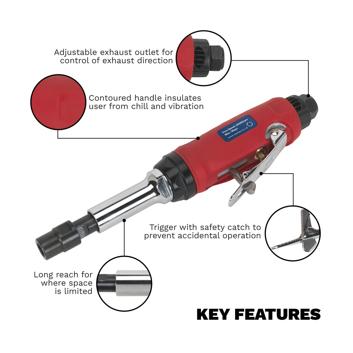 Sealey Air Die Grinder Long Reach With Low Noise Air Exhaust 40mm GSA672