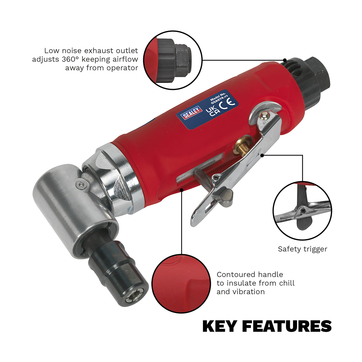 Sealey Air Die Grinder 90° Angle Lightweight Aluminium Alloy Housing GSA674