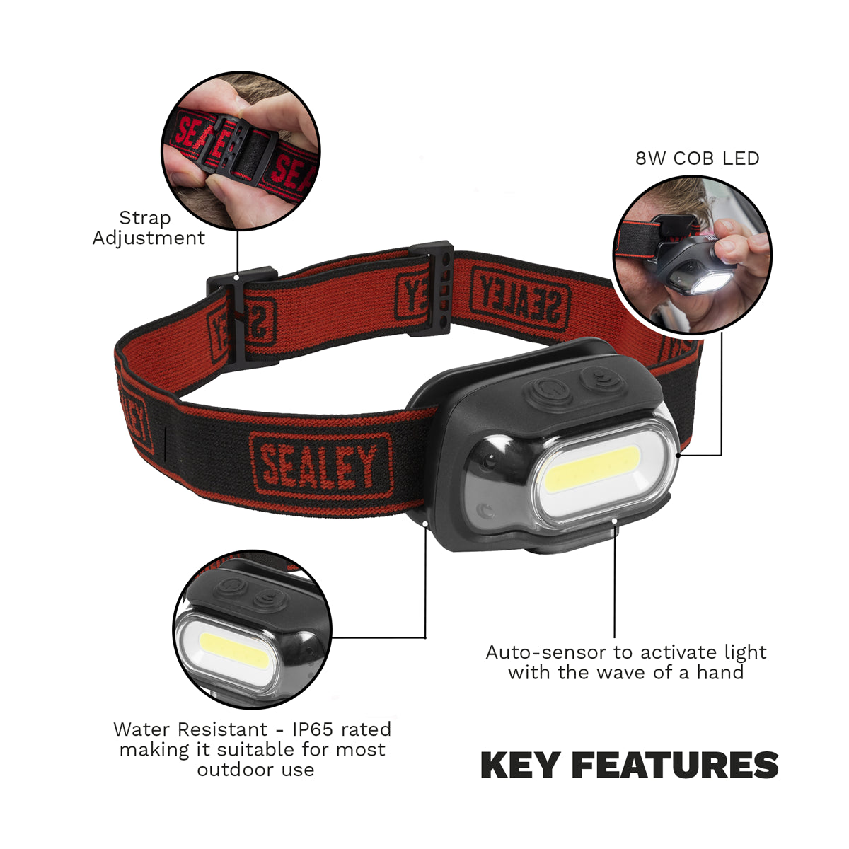 Sealey Rechargeable Head Torch With Auto-Sensor 8W COB LED Water Resistant