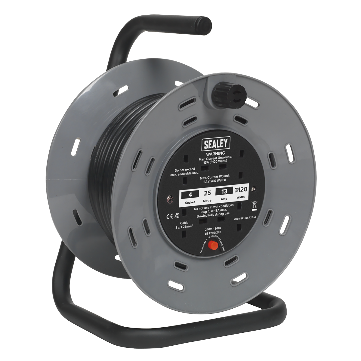 Sealey 25m Cable Reel Extension With Thermal Trip 4 x 230V Sockets 3-Pin BCR25