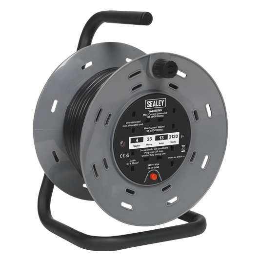 Sealey 25m Cable Reel Extension With Thermal Trip 4 x 230V Sockets 3-Pin BCR25