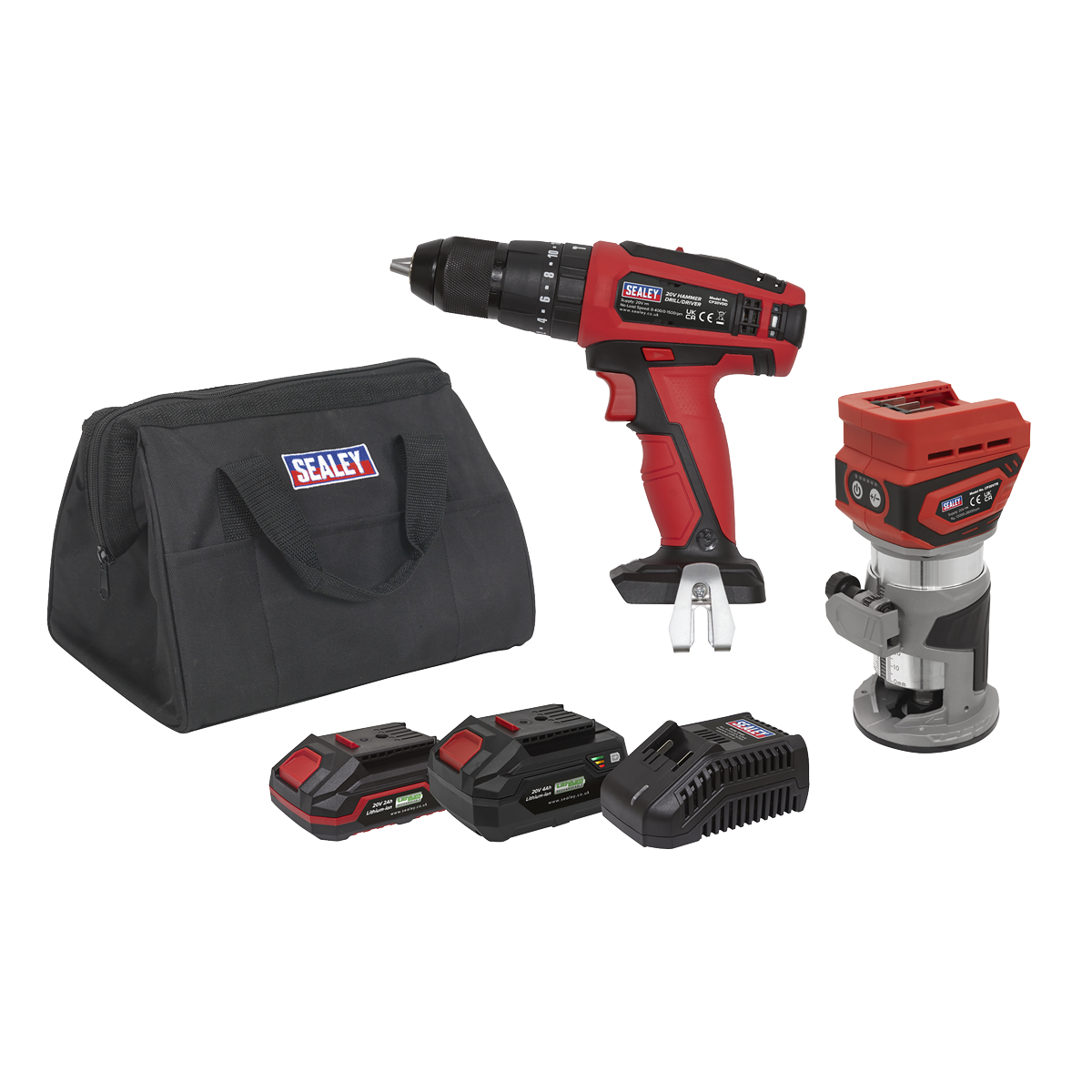 Sealey 2x 20V SV20 Series Cordless Router & Combi Drill Kit With 2 Batteries