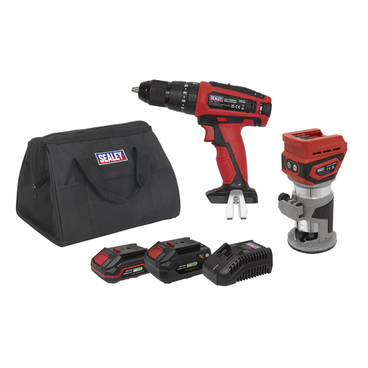 Sealey 2x 20V SV20 Series Cordless Router & Combi Drill Kit With 2 Batteries