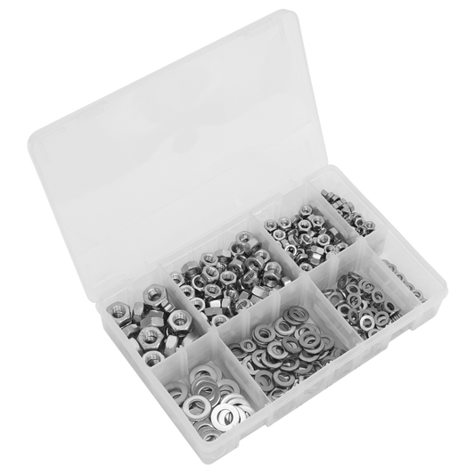 Sealey Stainless Steel Nut & Washer Assortment 500 Pieces + Box M5-M10 AB077NW