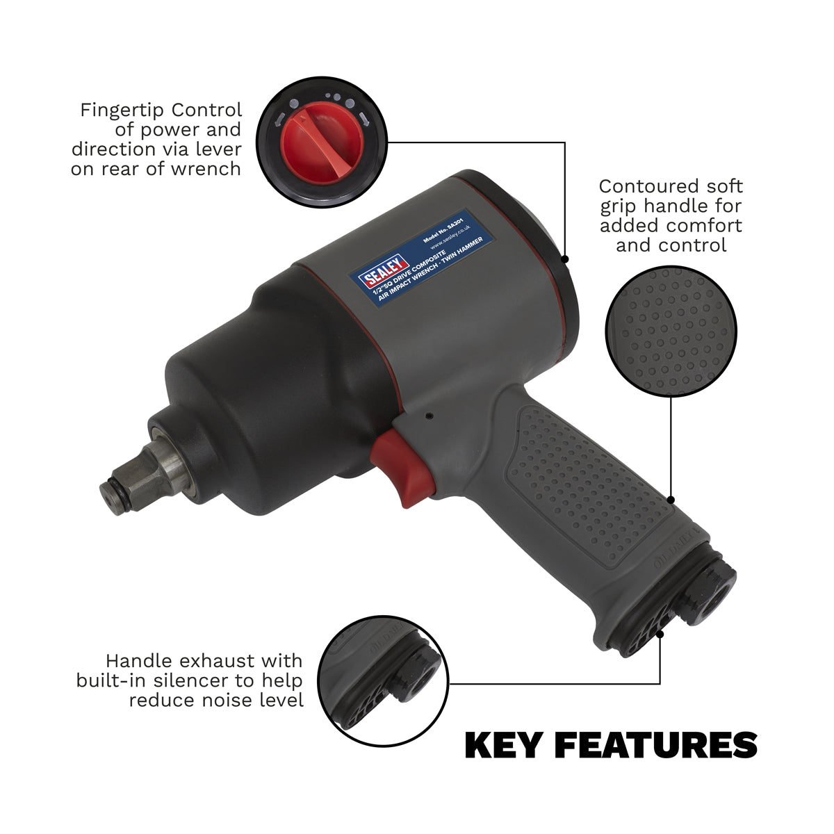 Sealey 1/2" Square Drive Air Impact Wrench Composite Twin Hammer 8500 RPM SA201