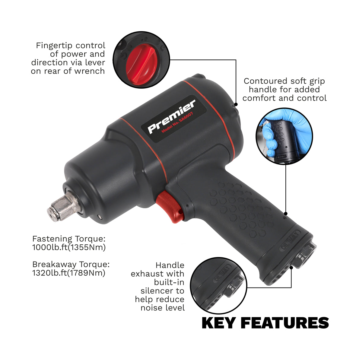 Sealey 1/2" Square Drive Composite Air Impact Wrench Twin Hammer 9000RPM SA6007