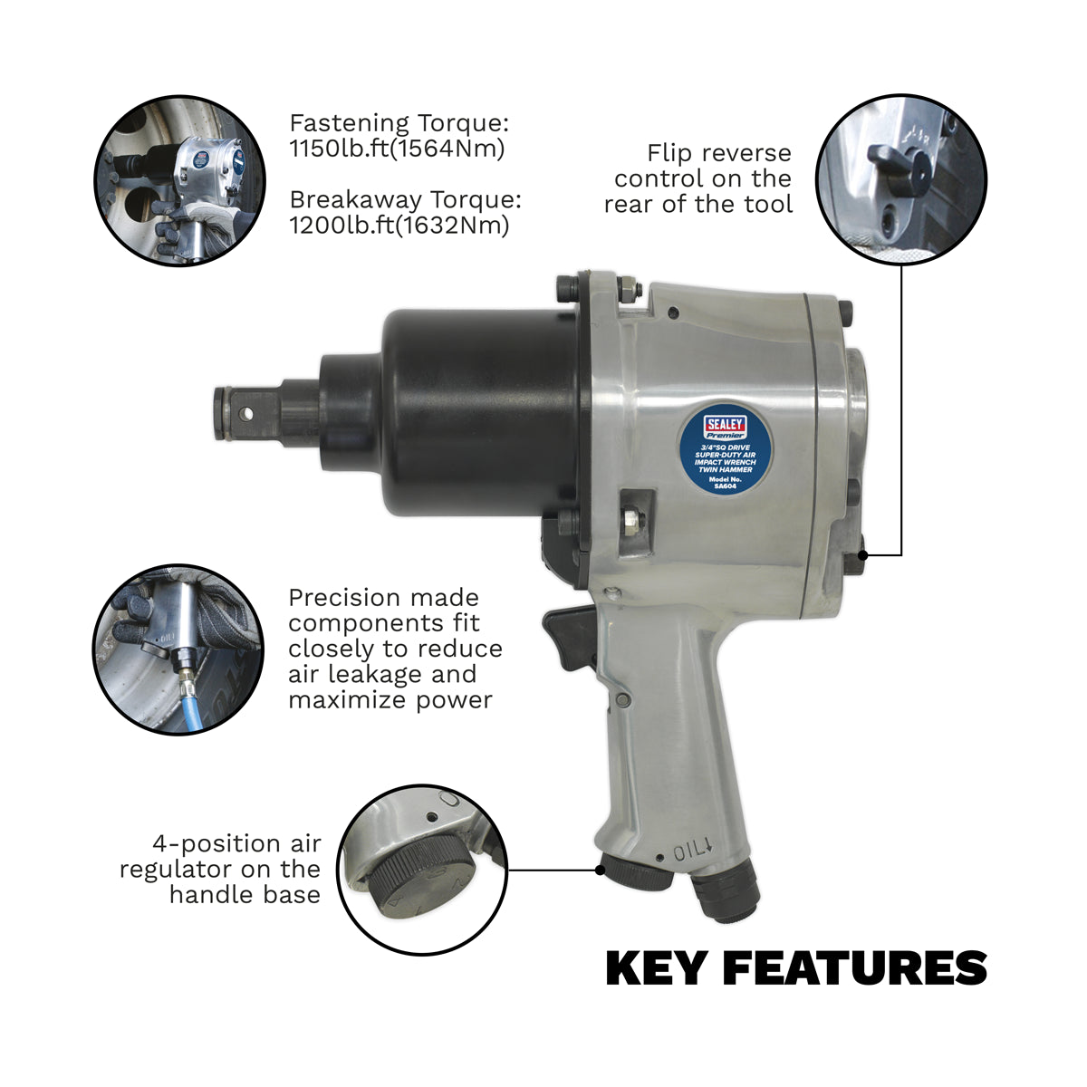 Sealey Air Impact Wrench 3/4" Square Drive Super-Duty Heavy Twin 6500 RPM SA604
