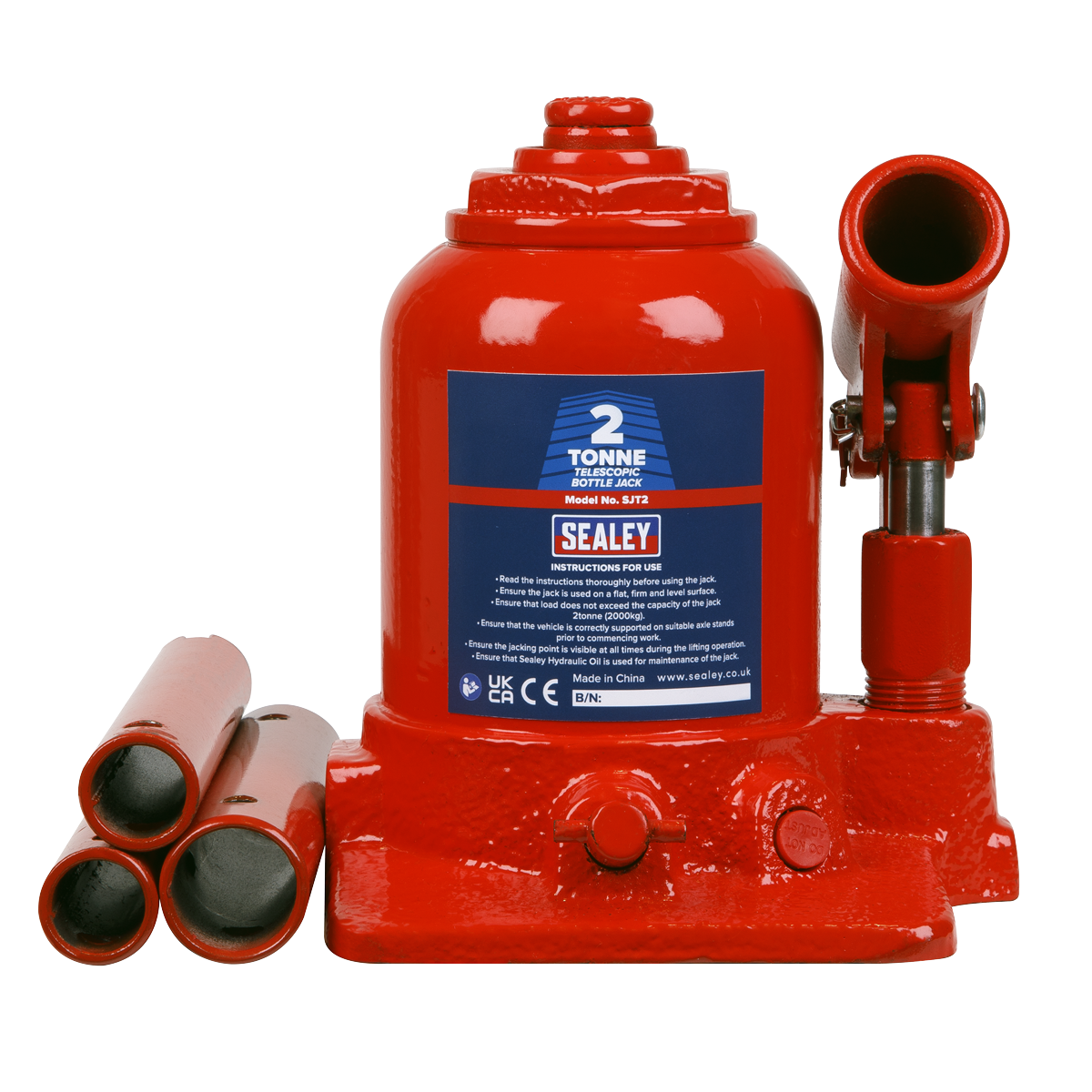 Sealey Bottle Jack 2 Tonne Telescopic With Overload Valve & 3-Piece Handle SJT2