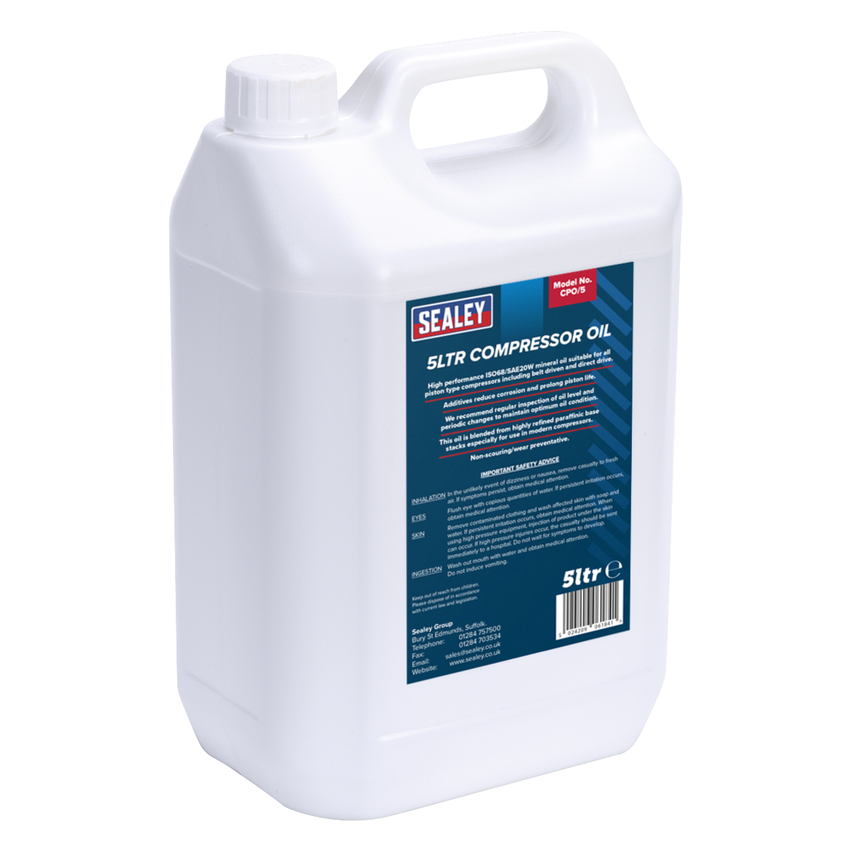 Sealey Compressor Mineral Oil Supplied In 5 Litre Container ISO68/SAE20W CPO/5
