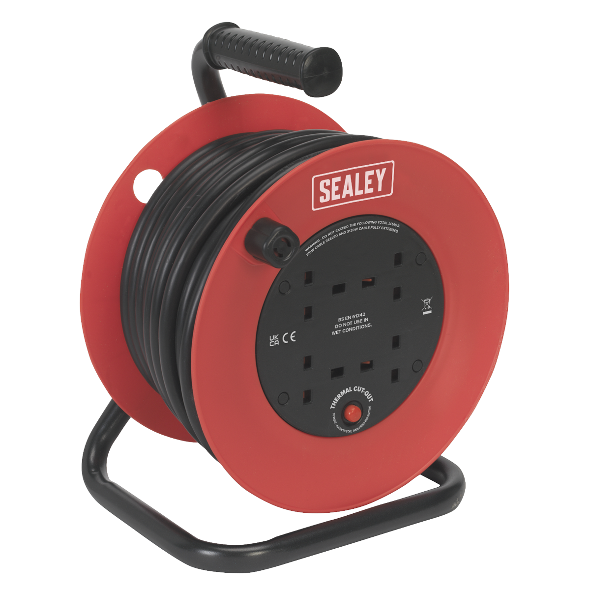 Sealey Cable Reel Extension 25M 4x 230V 2.5mm² Heavy Duty Thermal Trip CR22525