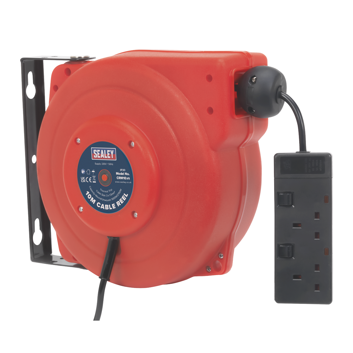Sealey Cable Reel System Retractable On/Off Switches 10M 2 x 230V Socket CRM10