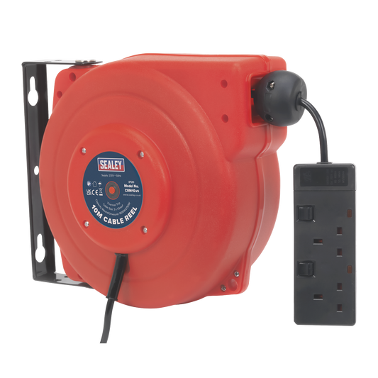 Sealey Cable Reel System Retractable On/Off Switches 10M 2 x 230V Socket CRM10
