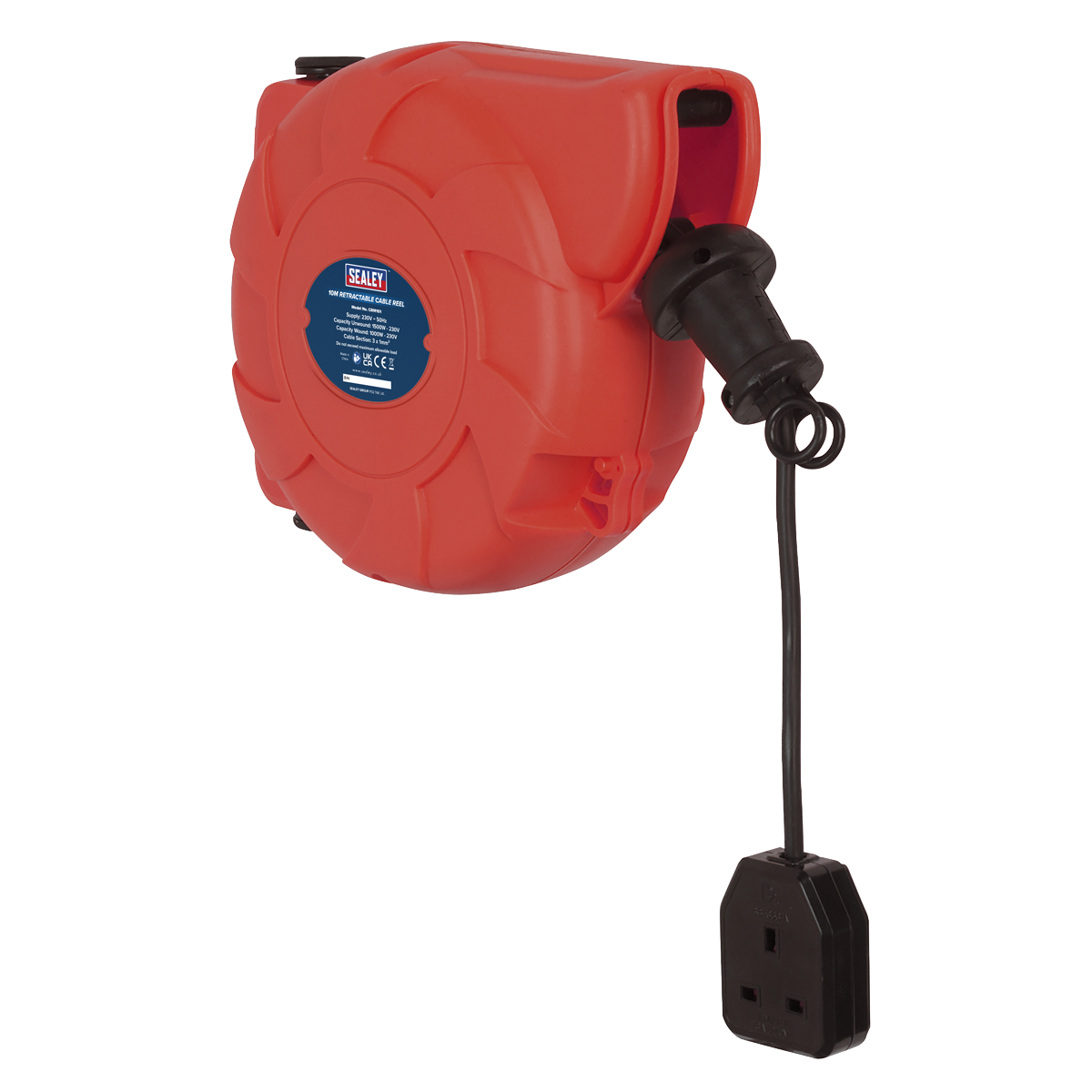Sealey Cable Reel System Retractable 10 Metres 1 x 230V Socket Red/Black CRM101