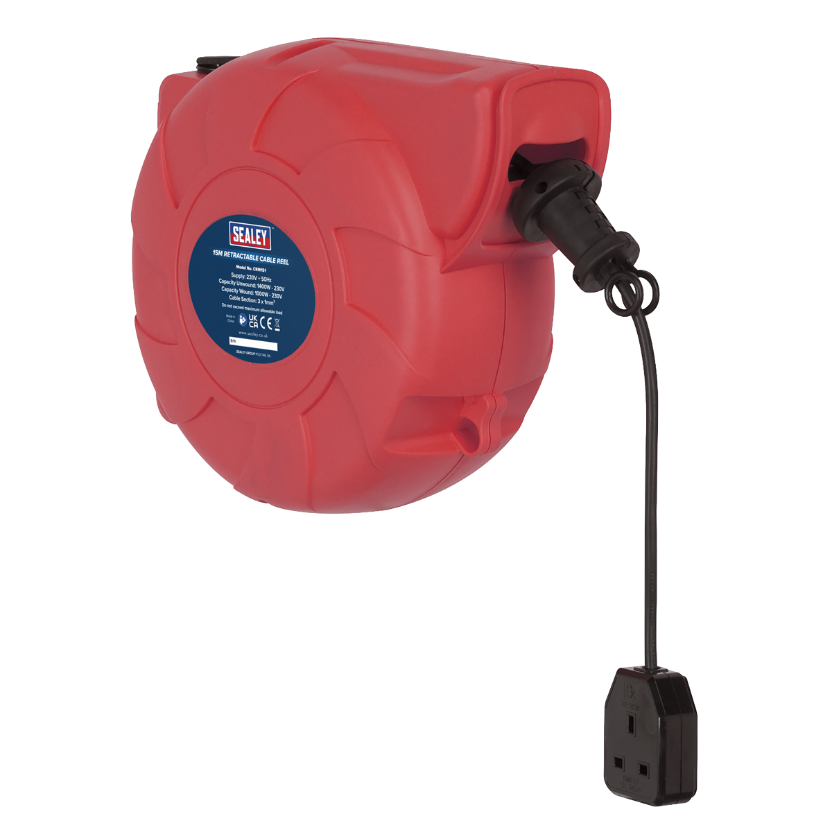 Sealey Cable Reel System Retractable 15 Metres 1 x 230V Socket Red/Black CRM151