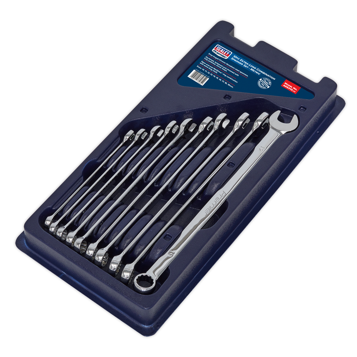 Sealey Combi Spanner Set 10 Pcs Extra-Long Metric Chrome Vanadium Steel AK6310
