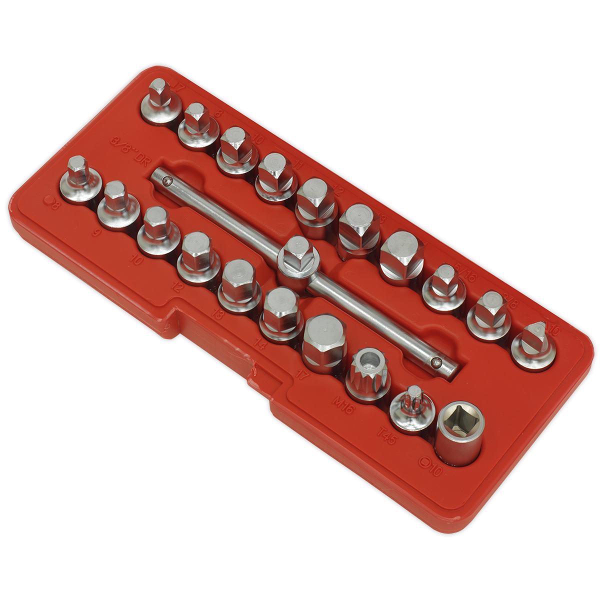 Sealey Oil Drain Plug Key Set 19 Pieces 3/8" Square Drive Sliding T-Bar AK6586