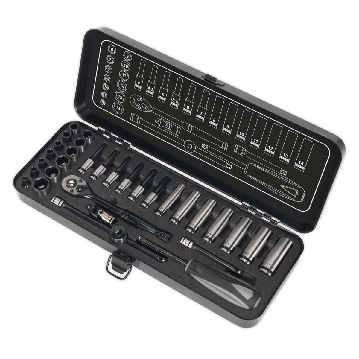 Sealey 32 Pieces 1/4" Drive 6PT WallDrive Metric Black Series Socket Set AK7970