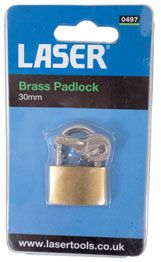 LASER 0497 Brass Padlock 30 mm Slimline Design Key Lock Includes 3 Keys