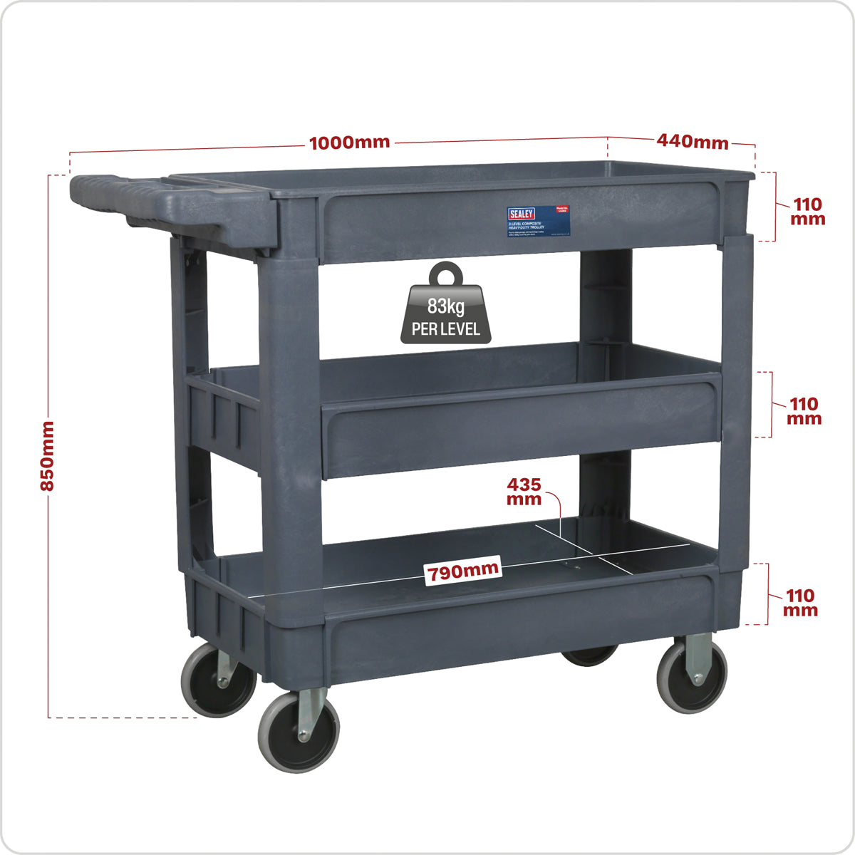 Sealey 3-Level Composite Heavy Duty Trolley With Four Large Rubber Wheels CX203