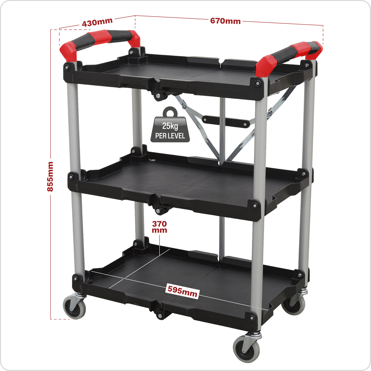 Sealey Folding Workshop Trolley Storage 3 Levels 25kg Capacity/Shelf CX314