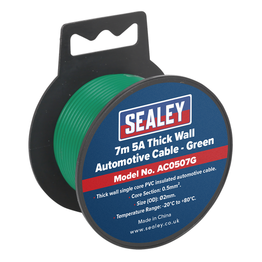 Sealey Thick Wall Single Core PVC Coated Automotive Cable 5A 7m Green AC0507G