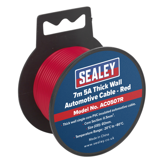 Sealey Thick Wall Single Core PVC Coated Automotive Cable 5A 7m Red AC0507R