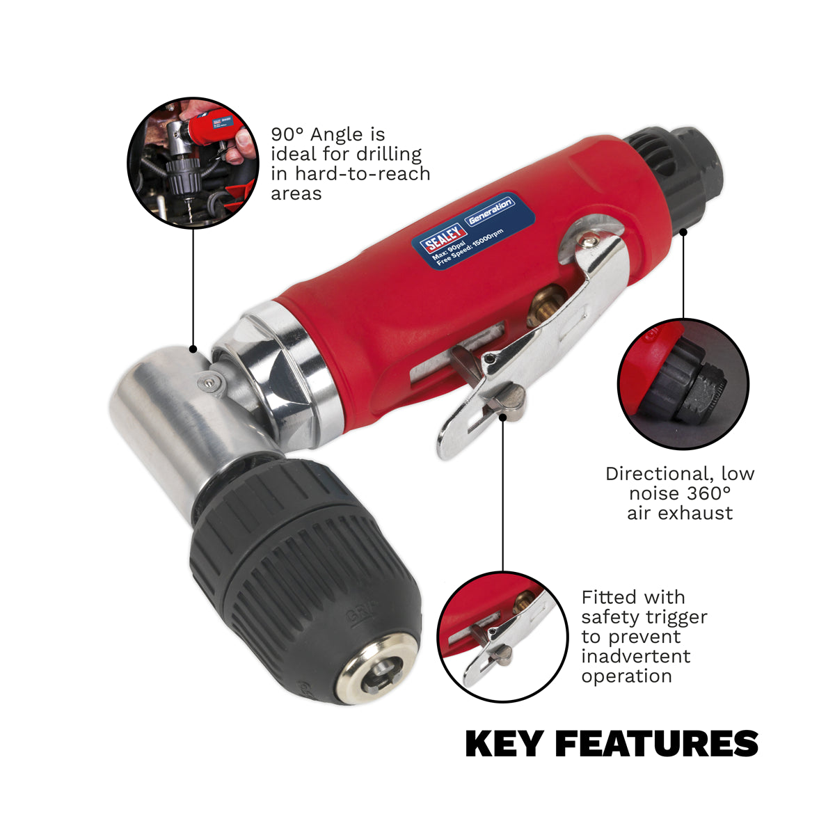 Sealey Air Angle Drill With 10mm Keyless Chuck Contoured Composite Handle GSA231