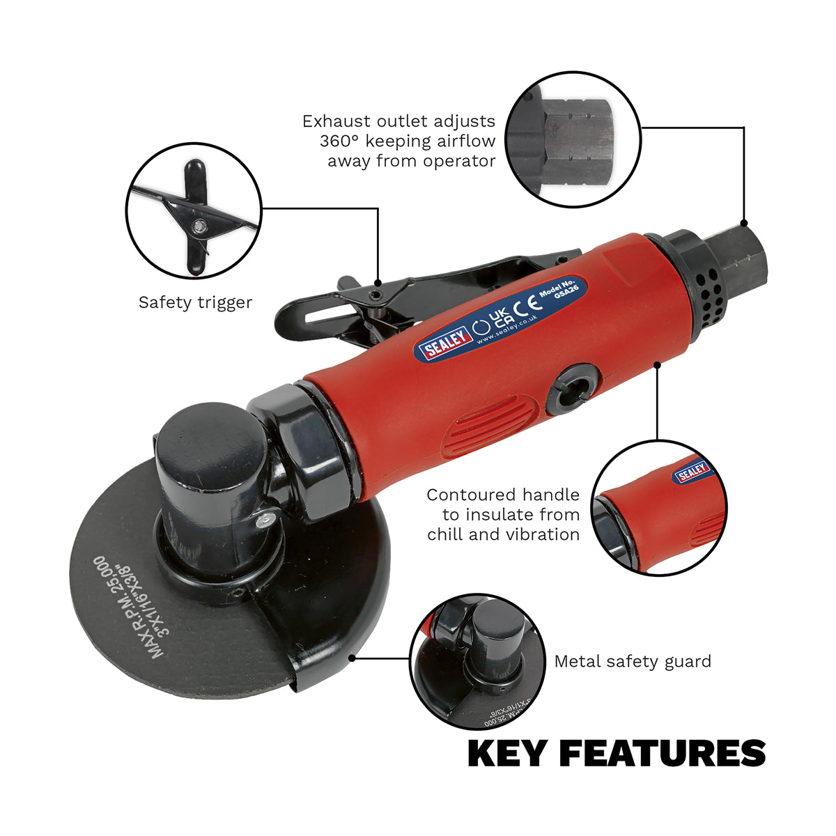 Sealey 75mm Straight Air Cut-Off Tool With 4-Position Air Valve 20000rpm GSA26