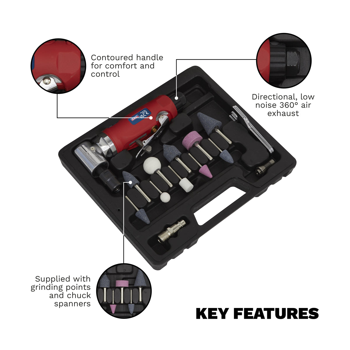 Sealey Air Die Grinder 90° Angle Kit With Low Noise Air Exhaust 15 Pieces GSA675
