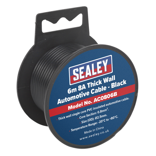 Sealey Thick Wall Automotive Cable 8A 6 Meters -20°C To +80°C Black AC0806B