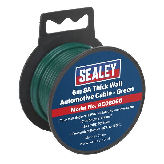 Sealey Thick Wall Single Core PVC Coated Automotive Cable 8A 6m Green AC0806G