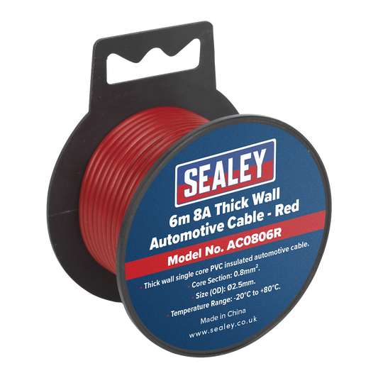 Sealey Thick Wall Automotive Cable 8A Single Core PVC Coated 6m Red AC0806R