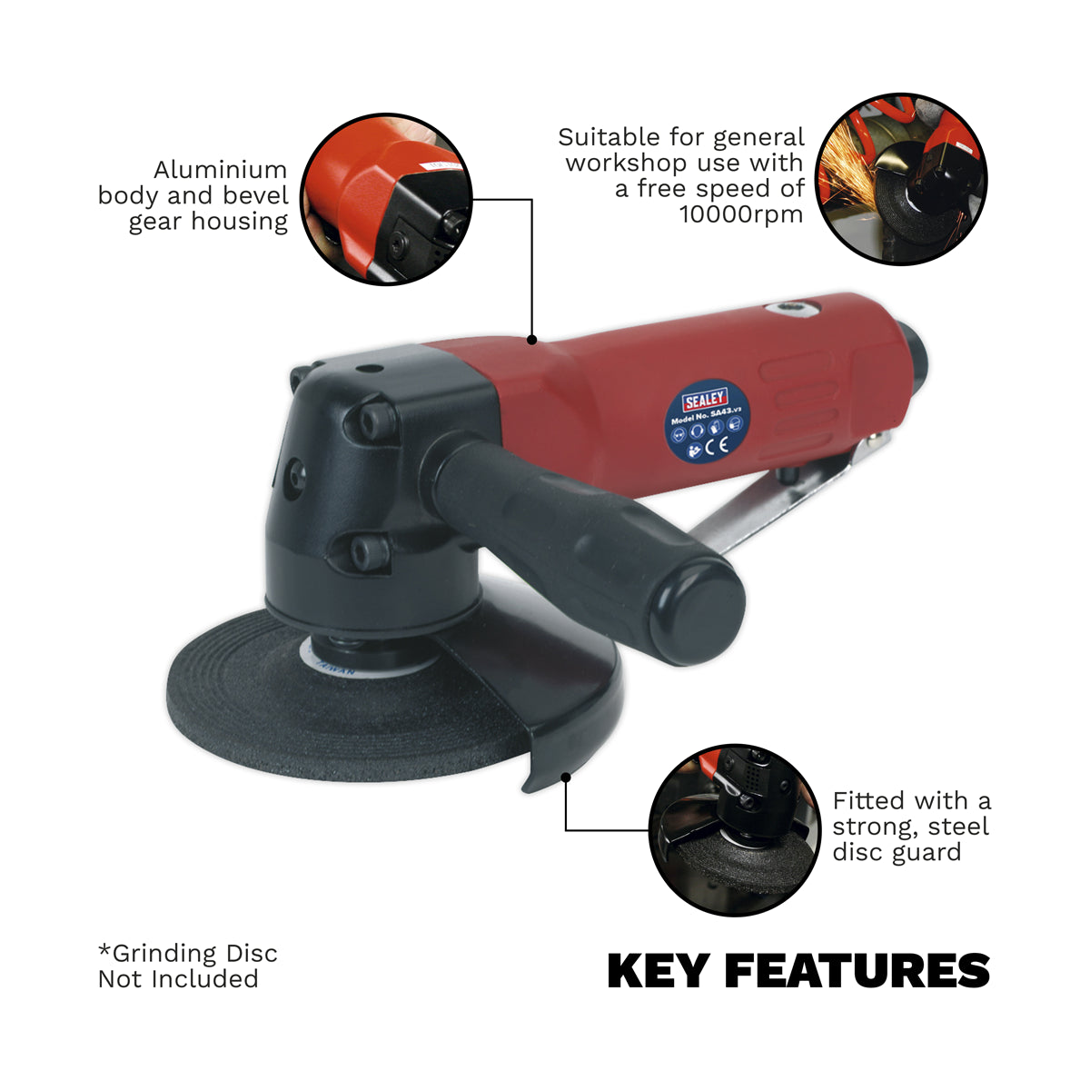 Sealey 100mm Air Angle Grinder Aluminium Body & Bevel Gear Housing SA43