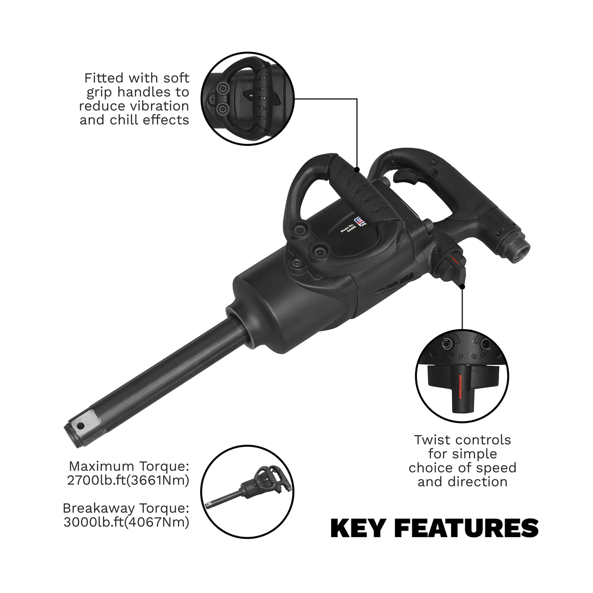 Sealey 1"Square Drive Air Impact Wrench Twin Hammer - Compact Lightweight SA686