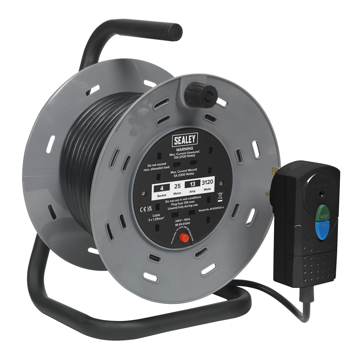 Sealey Cable Reel Extension 25 Metres With RCD Plug 2x 230V Sockets BCR25RCD