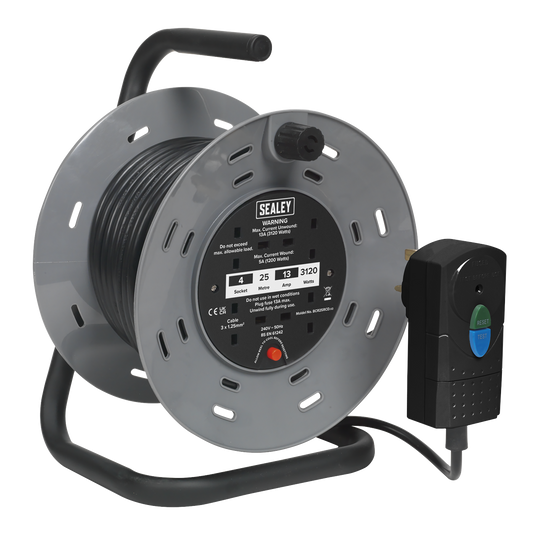 Sealey Cable Reel Extension 25 Metres With RCD Plug 2x 230V Sockets BCR25RCD