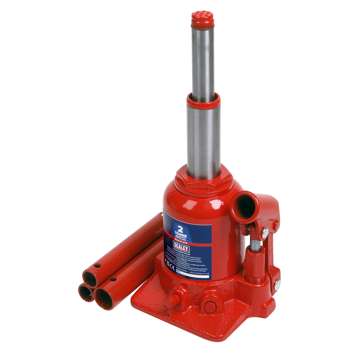 Sealey Bottle Jack 2 Tonne Telescopic With Overload Valve & 3-Piece Handle SJT2