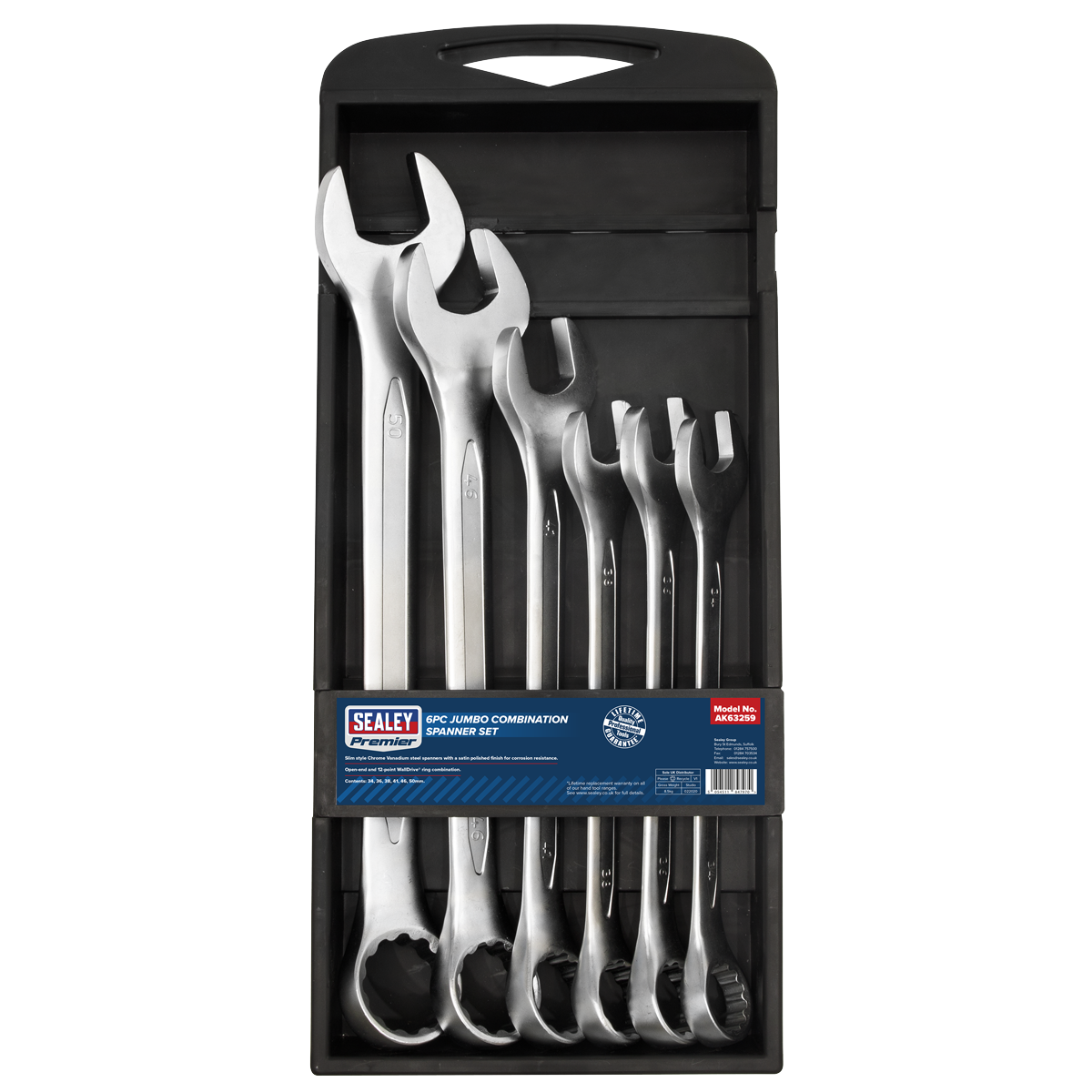 Sealey Jumbo Metric Combination Spanner Set 6 Pcs Chrome Vanadium Steel AK63259