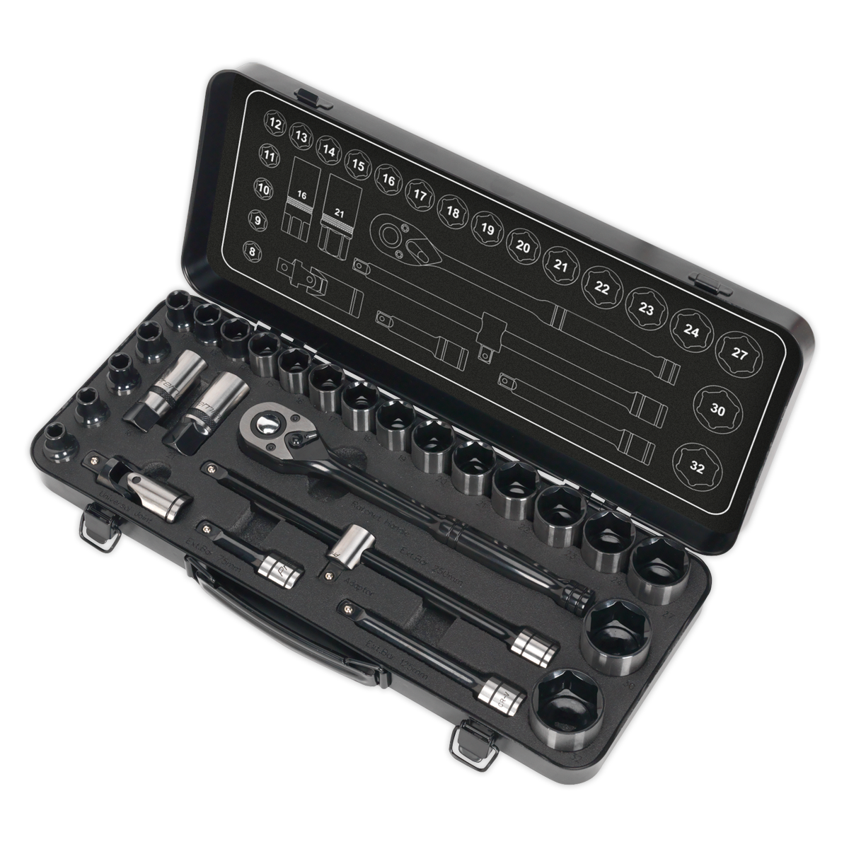 Sealey 28 Pcs 1/2" Square Drive 6 Point WallDrive Black Series Socket Set AK7972