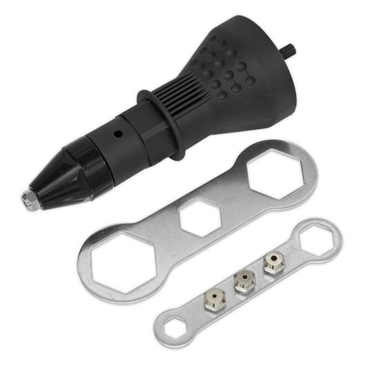 Sealey Riveter Adaptor Drill Powered With 2.4 3.2 4 & 4.8mm Nozzles DRA01