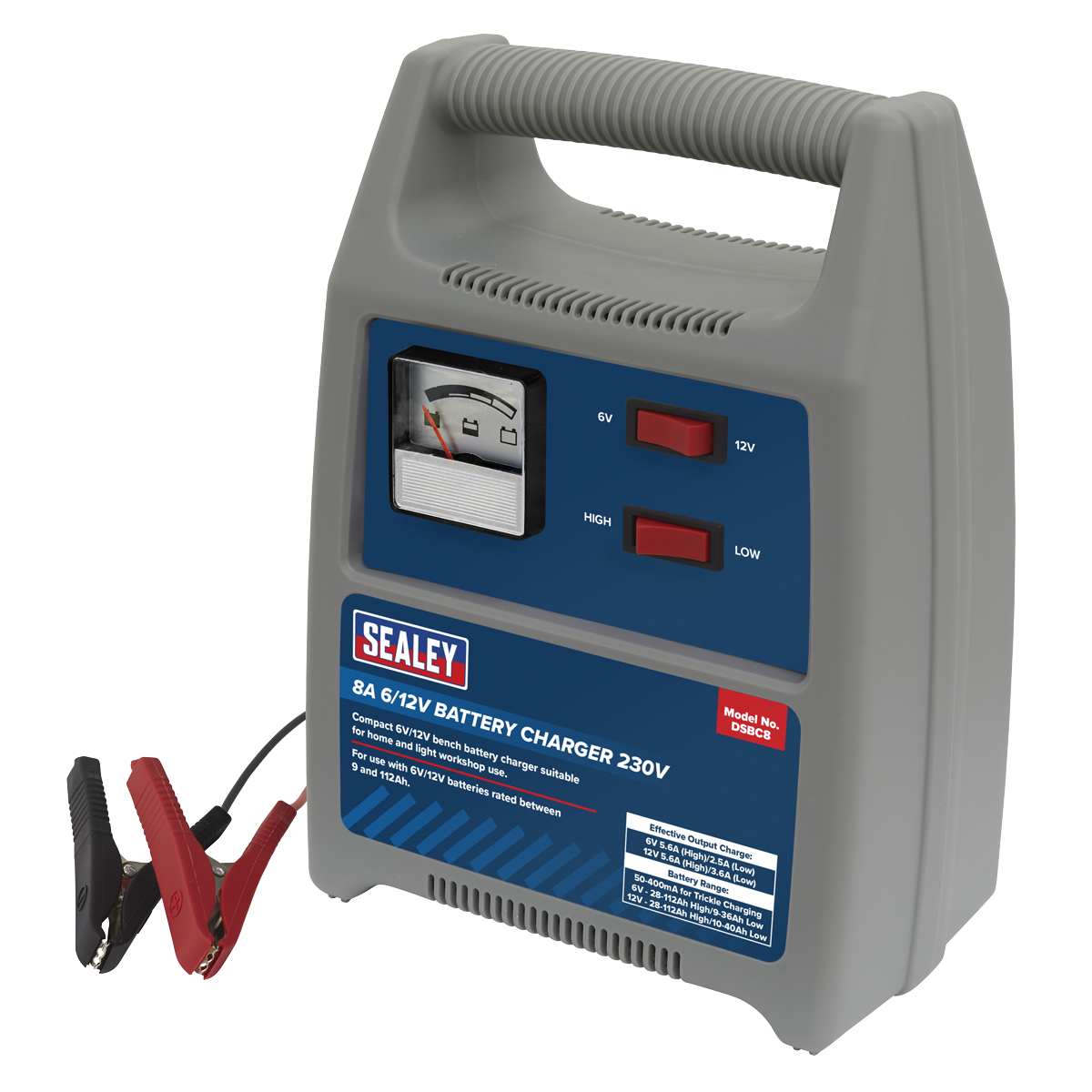 Sealey Battery Charger 1.8m Cable With Insulated Clamps 8A 6/12V 230V DSBC8