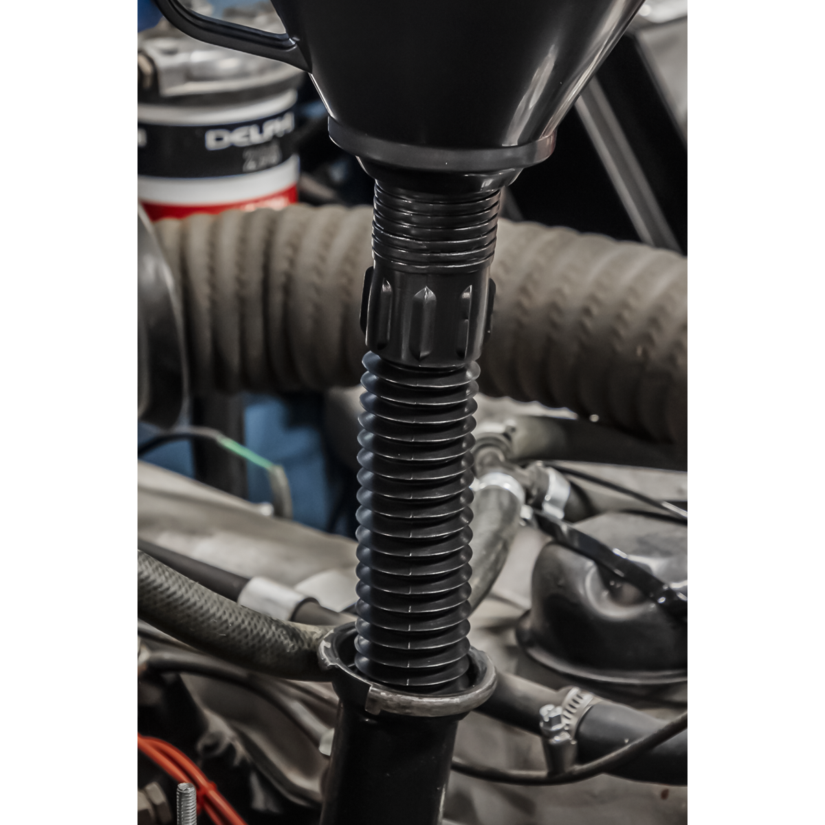 Sealey Ø160mm Funnel With Flexible Spout & Internal Mesh Filter Black F6