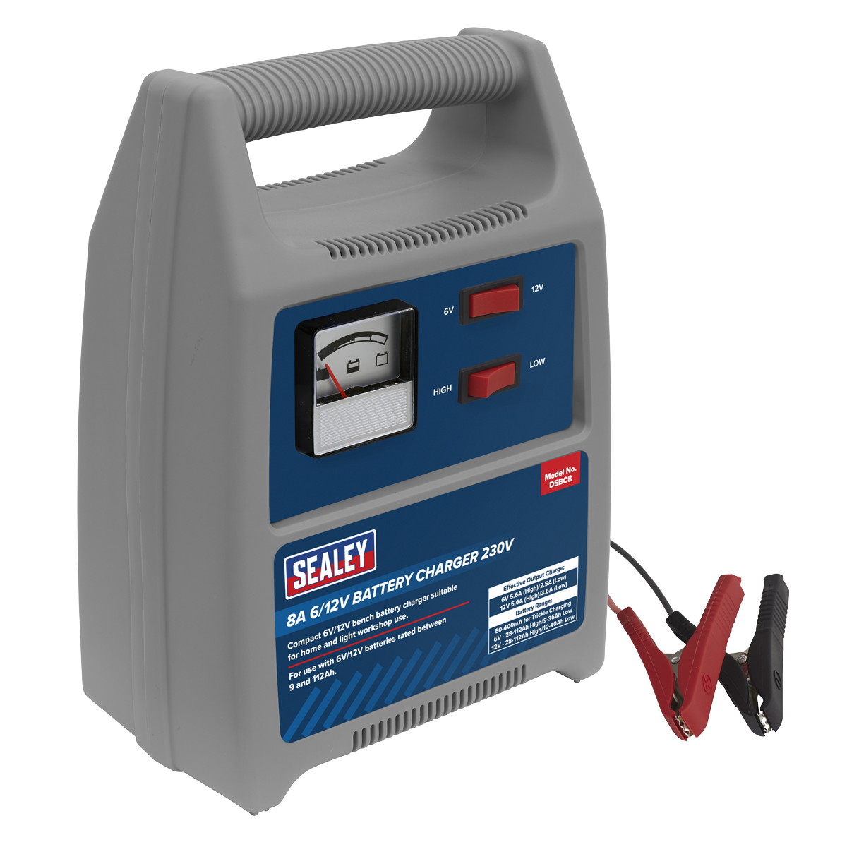Sealey Battery Charger 1.8m Cable With Insulated Clamps 8A 6/12V 230V DSBC8